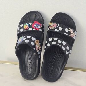 Crocs Classic Black Slides with White Heart Pattern & Fun Jibbitz Charms Size W7
